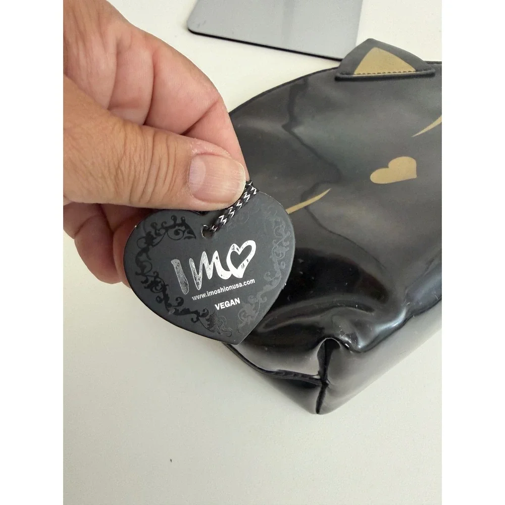 iMoshion‎ Black Cat Vegan Patent Leather Cosmetic Bag Gold Heart Nose 141004